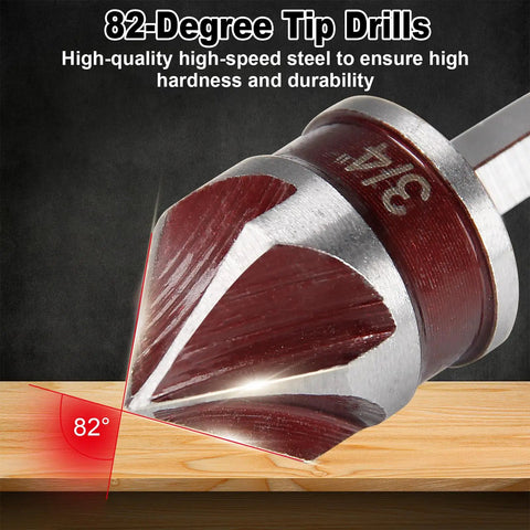 Close-up of 3/4 inch bit in 5 Piece Countersink Drill Bit Set With 82 Degree 5 Flute HSS Bits And Quick Change Hex Shank, showing tip angle.