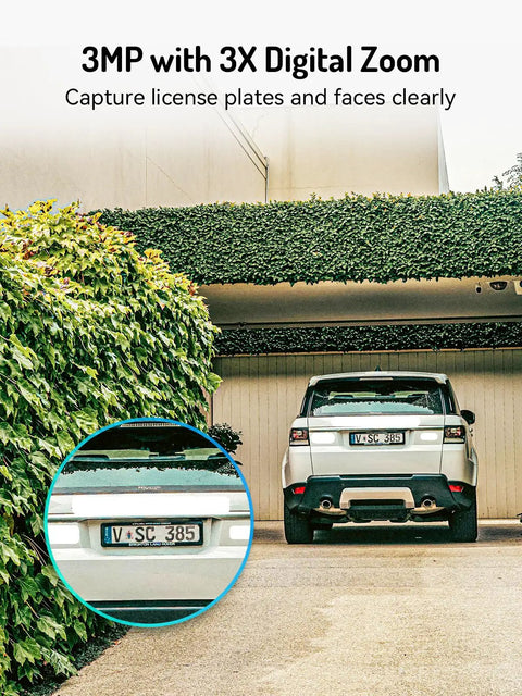 Parked car under green foliage with license plate detail, demonstrating 3MP with 3X digital zoom for precise capture.