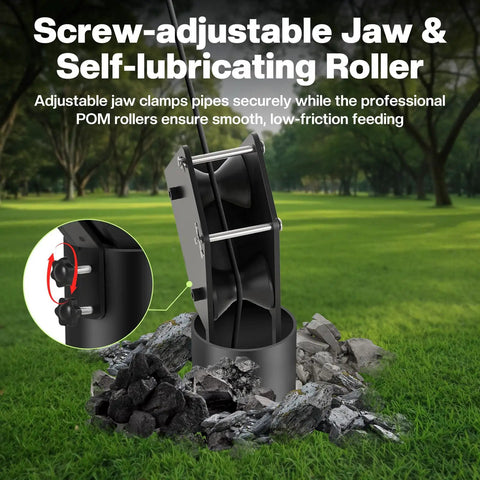Pro Grade Well Pump Puller With POM Roller And Removable Side Rails on rocky ground, showcasing screw-adjustable jaw.