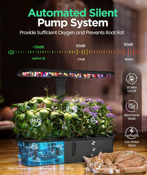 Smart Indoor Hydroponics Garden Kit With App And WiFi Control, 24W Full Spectrum Grow Light, 10 Pod Planter, cat beside unit