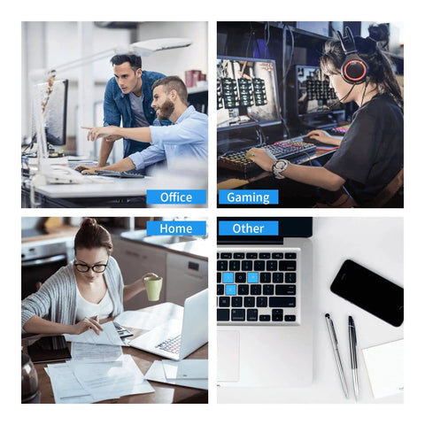 Collage showing office work, gaming, home office setup, and desk with mouse pad and laptop, illustrating diverse workspace uses.