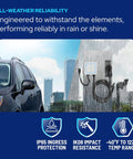 BreezEV Beefy 48 Amp Level 2 EV Charger For Home Use With IP65 weatherproof wall mount in outdoor rainy environment.