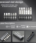 Recessed slot design detail from the All-In-One 17-In-1 Toolkit with labeled screwdriver bits and storage description.