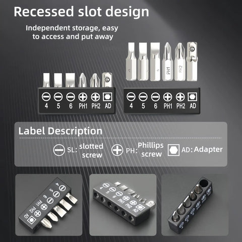 Recessed slot design detail from the All-In-One 17-In-1 Toolkit with labeled screwdriver bits and storage description.