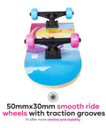 Kids Cruiser Skateboard With Printed Graphic Grip Tape, Smooth ABEC 5 Bearings, Durable Deck, Five Inch Aluminum Trucks, pink and blue wheels