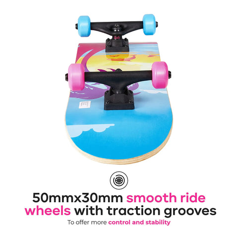 Kids Cruiser Skateboard With Printed Graphic Grip Tape, Smooth ABEC 5 Bearings, Durable Deck, Five Inch Aluminum Trucks, pink and blue wheels