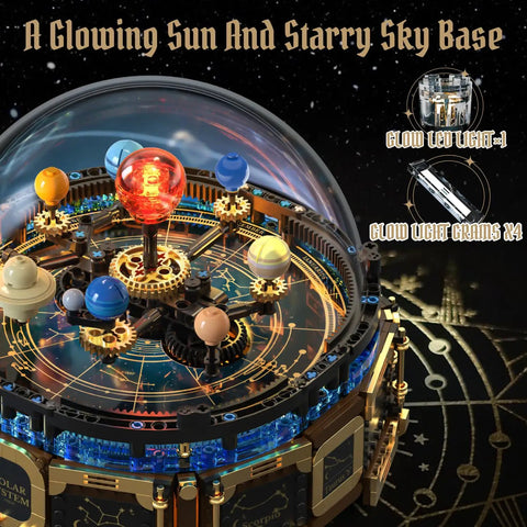 Totally Kid Friendly Solar System Building Kit For Ages 8 To 12 With 967 Pieces STEM Project Gear Driven Orrery Glowing Sun Rotating Planets 360 Clear Dome Music Box Transparent Dome Desk Decor For Boys And Girls, gear model