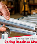 Close-up of Heavy Duty Galvanized Steel Conveyor Rollers 1.5 Inch Diameter being installed, highlighting spring retained shaft.