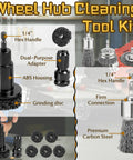 Garage Ready Wheel Hub Cleaning Kit With Carbon Steel Wire Brushes And Five Heavy Duty Abrasive Pads For Knocking Out Gnarly Rust And Freshening Brake Rotors Fast, showing hex handles and grinding discs.