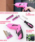 Pink 116 Piece Tool Kit With 3.6V USB Cordless Screwdriver For Women And Girls Includes screwdriver bits and drill bits.