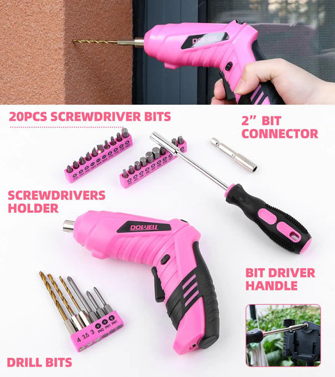 Pink 116 Piece Tool Kit With 3.6V USB Cordless Screwdriver For Women And Girls Includes screwdriver bits and drill bits.