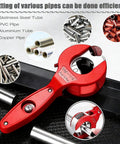 Red ratcheting tubing cutter for copper and metal pipes, 5/16–1 1/8 in capacity, 2-in-1 close-quarters cutter with deburring tool