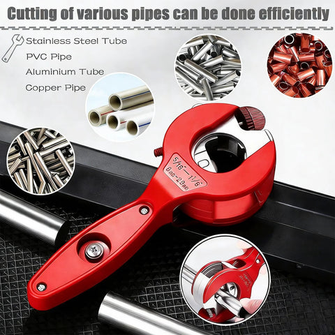 Red ratcheting tubing cutter for copper and metal pipes, 5/16–1 1/8 in capacity, 2-in-1 close-quarters cutter with deburring tool