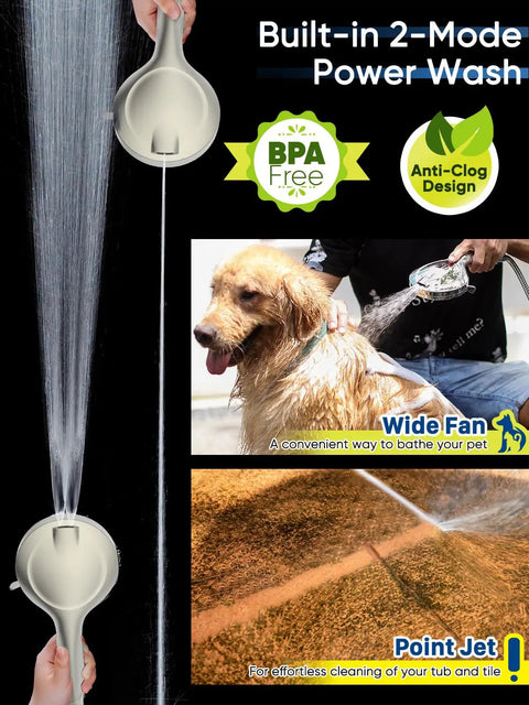 High Pressure Handheld Shower Head with 5 Inch Spray Face, 10 Settings, showing pet washing and tile cleaning functions.