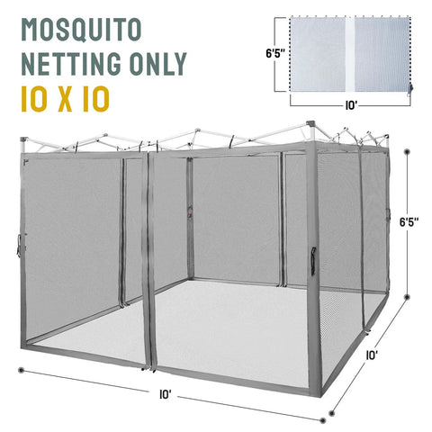 Mosquito Net For 10x10 Gazebo Pop Up Canopy With Zipper Mesh Sidewalls, grey mesh netting shown on frame, side view.
