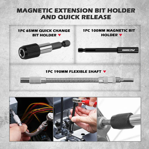 Close-up of 260-Piece Do It All Magnetic Security Bit Set With Ratchet Wrench Nut Drivers Extensions And Bit Holder