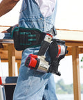 Professional Roofing Nail Gun With 15 Degree Mag, carried on tool belt, ready for fast driving of 7 8 inch to 1 3 4 inch full head coil nails.