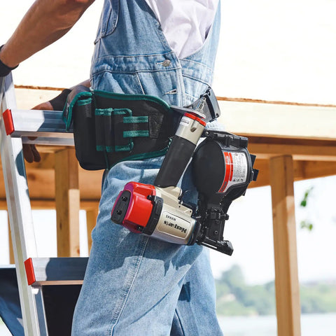 Professional Roofing Nail Gun With 15 Degree Mag, carried on tool belt, ready for fast driving of 7 8 inch to 1 3 4 inch full head coil nails.