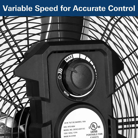 Close-up view of the speed control dial on a Heavy Duty 24 Inch Industrial Drum Fan With Brushless DC Motor, Ultra Quiet Powerful Airflow Up To 7800 CFM, Tilt-Adjustable Vent Fan For Garage