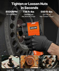 Shop Ready 1 2 Drive Pneumatic Impact Wrench Unleashes Killer 738 Ft Lbs Of Instant Bolt Breaking Power For Slim Stubby Grip and Pure Muscle Heavy Duty Auto Work tightening lug nuts with black glove.