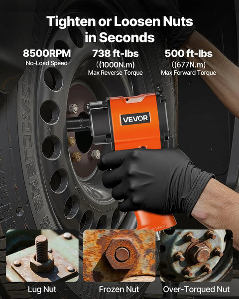 Shop Ready 1 2 Drive Pneumatic Impact Wrench Unleashes Killer 738 Ft Lbs Of Instant Bolt Breaking Power For Slim Stubby Grip and Pure Muscle Heavy Duty Auto Work tightening lug nuts with black glove.
