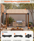 Killer Quality Carbon Steel Pergola Brackets Made To Fit 4x4 Wood Posts Like A Champ With Solid 3 Way Slanted Hardware Plus Rugged Screws And Base Plates For Backyard Deck Builds, displayed in a sloped-roof setup.