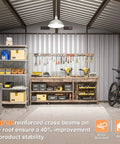 Interior view of 10x8 foot outdoor storage shed with tools organized, brown metal construction, sloped roof, air vents, sliding doors