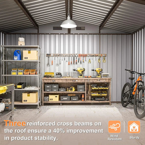 Interior view of 10x8 foot outdoor storage shed with tools organized, brown metal construction, sloped roof, air vents, sliding doors