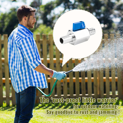 Person using a hose with an inset of the Two Pack 1/2 Inch Hose ID Barb Mini Ball Valve Kit With Stainless Steel Body And Clamps For Water Oil Gas Systems Built Tough For DIYers And Pros Leak Proof And Corrosion Resistant.