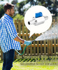 Man watering a yard with hose; inset shows 2 Pack Three Eighths Inch Hose Barb Mini Ball Valve Set In 304 Stainless Steel, Built To Last Workhorse Shutoff Valves With Clamps For Water Oil Gas And Chemical Use, Leak Proof Durable Pro Grade Plumbing.