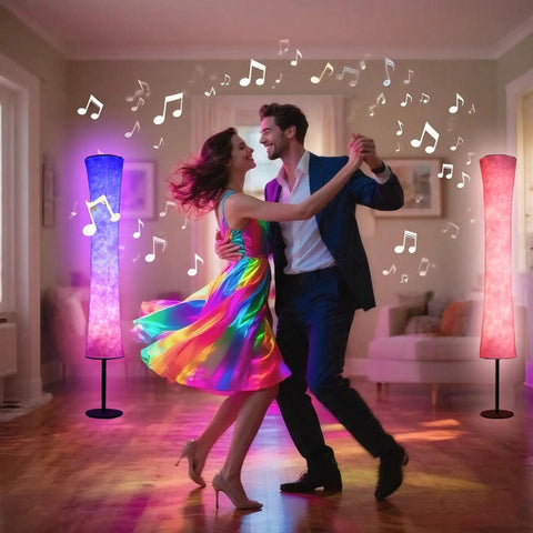 Couple dancing beside Smart Floor Lamp With RGB LED Color Changing Lights App Control DIY Mode Music Sync Alexa And Google Assistant Compatible Standing Lamp With White Fabric Shade For Living Room Bedroom And Play Room