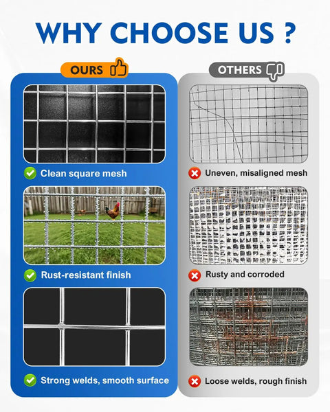 Comparison image showing Legit Heavy Duty Black Vinyl Coated Hardware Cloth 1/2 Inch Mesh 48 X 100 Feet against inferior mesh options.