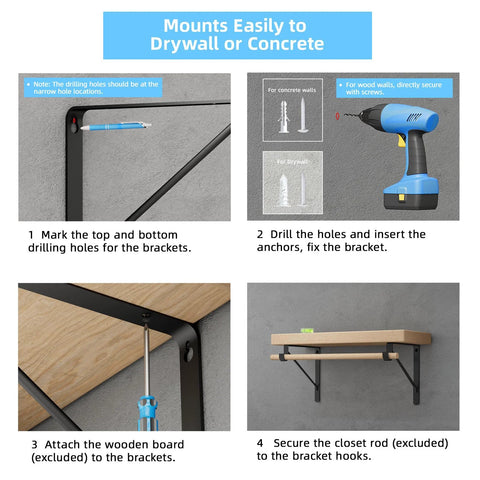 Installation steps for 10 Pack Heavy Duty Closet Rod Bracket Set With 90 Degree Triangle Support on drywall or concrete.
