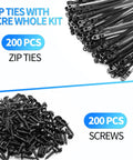 8 Inch Mountable Cable Zip Ties Kit With 200 Screws, Heavy Duty Nylon Tie Downs, showing black zip ties and screws