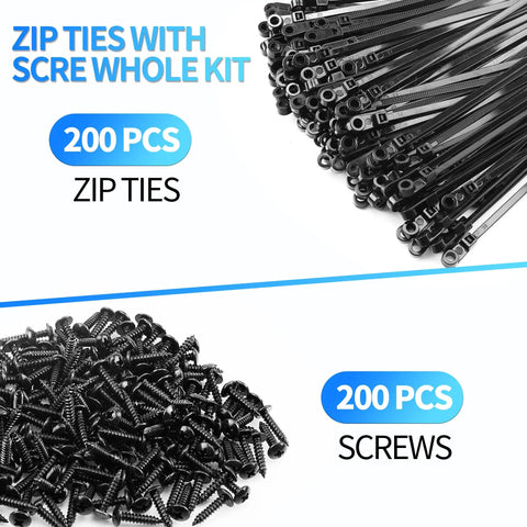 8 Inch Mountable Cable Zip Ties Kit With 200 Screws, Heavy Duty Nylon Tie Downs, showing black zip ties and screws