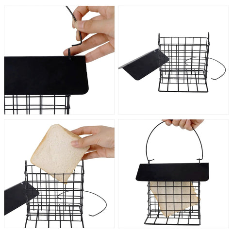 Outdoor Suet Feeder Hanging Cage Weatherproof Metal Suet Holder Squirrel Proof Bird Feeder opening and loading bread