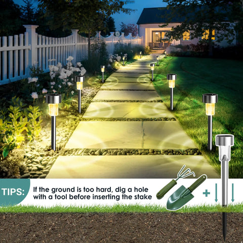 Outdoor Solar Lights Waterproof 12 Pack Stainless Steel Led Garden Lights illuminating stone pathway