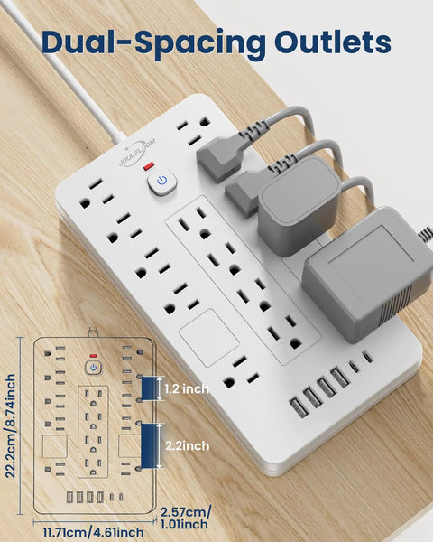 Power Strip Surge Protector With 14 Outlets And 6 USB Ports Including 2 USB C For Home Office Or Dorm, 6 Ft Flat Plug Extension Cord, 1850 Joules Surge Protection, ETL Listed, Overload Safe, Space Saving 14 Outlet Hub, dual-spacing outlets