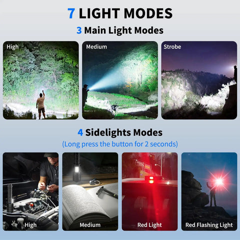 Rechargeable LED Flashlights 99,000 Lumen Super Bright Handheld Lights With 7 Modes showing high, medium, and strobe beam settings.