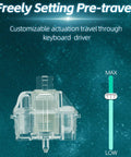 Magnetic Jade Max Linear Keyboard Switches, shown with customizable actuation travel, pre-lubed and fully transparent housing.