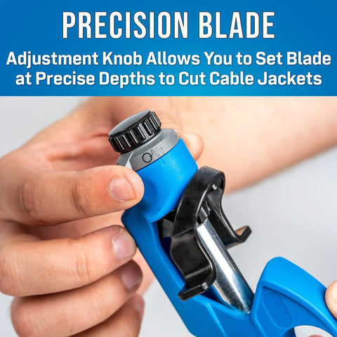 Handy Round Cable Strip And Ring Tool For 4.5 To 29 Mm Cables with precision blade adjustment knob in use.