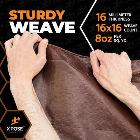 Hands holding 12 Ft By 25 Ft Brown Poly Tarp Cover 16 Mil Beefy Heavy Duty Waterproof Tarpaulin showing sturdy weave details