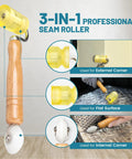 NuIth 3-in-1 auto seam roller for sound-deadening mats; yellow wheel, wooden handle; external corner, flat surface