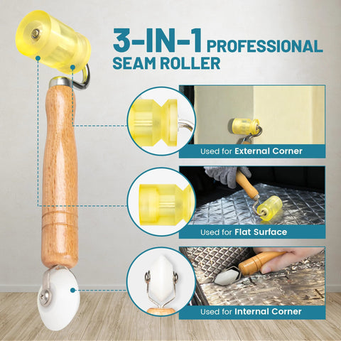 NuIth 3-in-1 auto seam roller for sound-deadening mats; yellow wheel, wooden handle; external corner, flat surface
