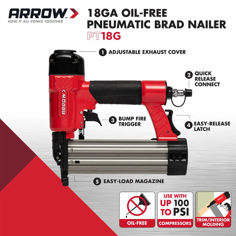 Oil Free 18 Gauge Pneumatic Brad Nailer with adjustable exhaust for small trim up to 100 PSI and easy-load magazine.