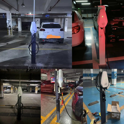 Heavy Duty Outdoor EV Charger Stand With J Hook Pedestal For Floor Or Ceiling Setup Galvanized Steel Column Holder in parking garage.