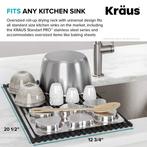 Over Sink Roll Up Dish Drying Rack Multipurpose Colander And Trivet Black Finish with cups and bowls on kitchen sink