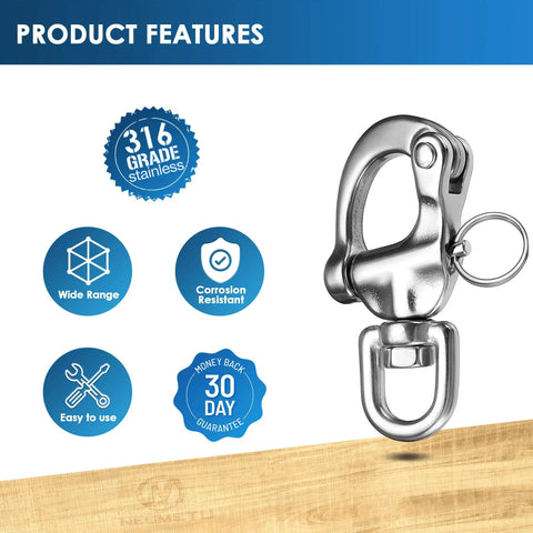 Heavy Duty 316 Stainless Steel Snap Shackle With Quick Release Carabiner for sailboat rigging shown with product features