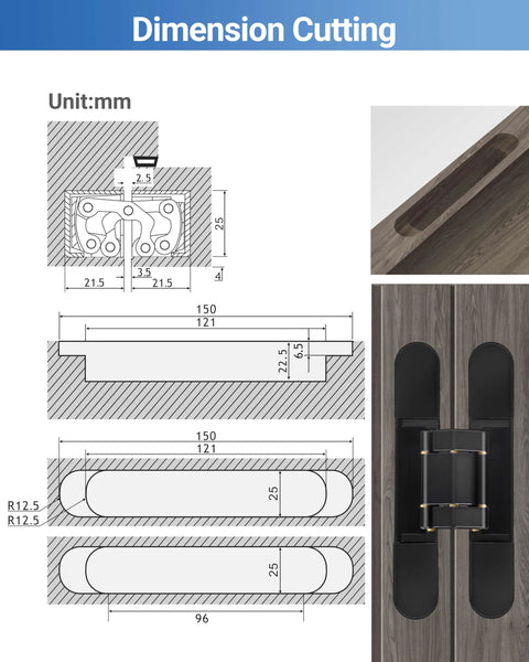 Dimensions and installation view of Upgraded Invisible Door Hinges 2 Pack Black 6 Inch Concealed Hidden Hinges For Doors