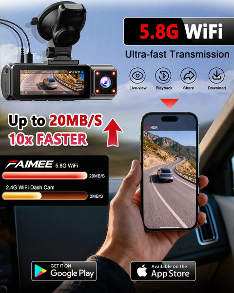 Triple Channel Dash Cam For Cars With 4K Front, smartphone display showing captured footage, 5.8G WiFi feature.